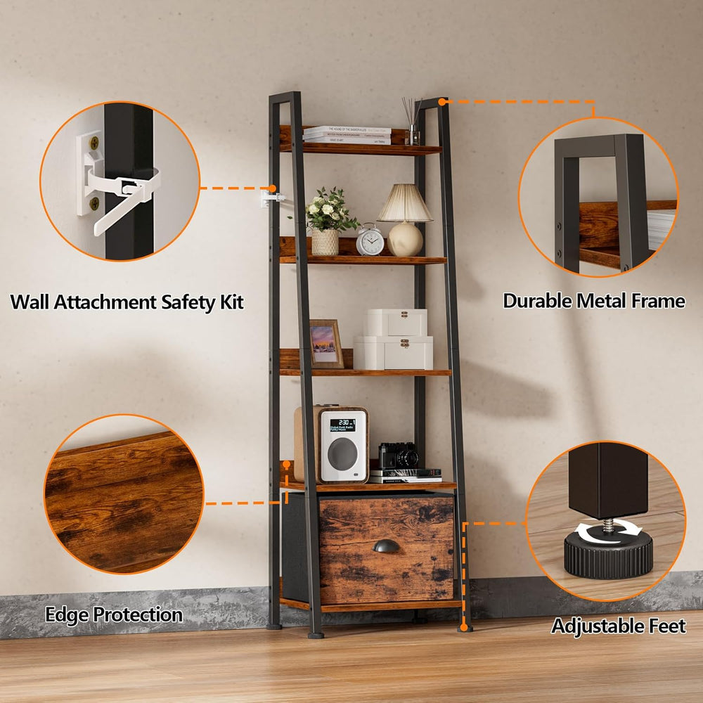 Furologee Ladder Shelf, 5 Tier Bookshelf with Fabric Drawer, Rustic Brown