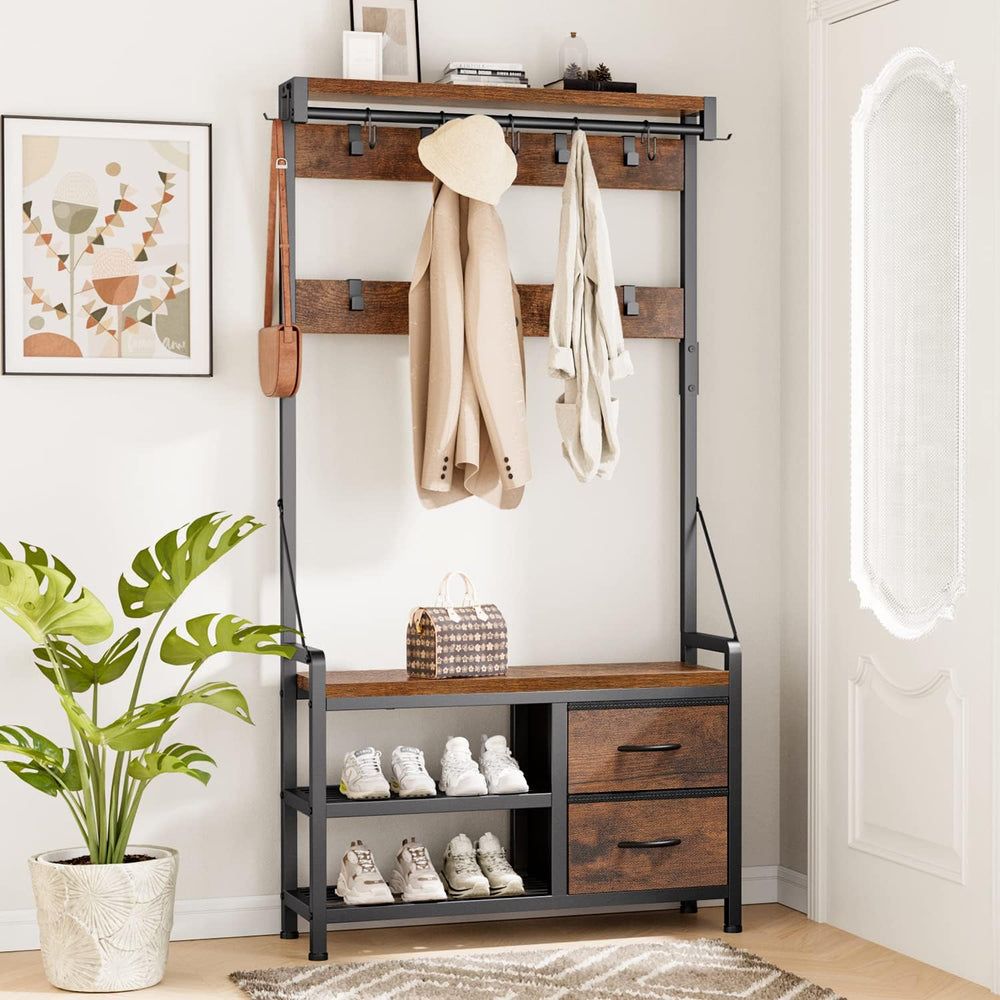 Lulive Hall Tree with Bench and Shoe Storage, 31.5” Coat Rack Freestanding