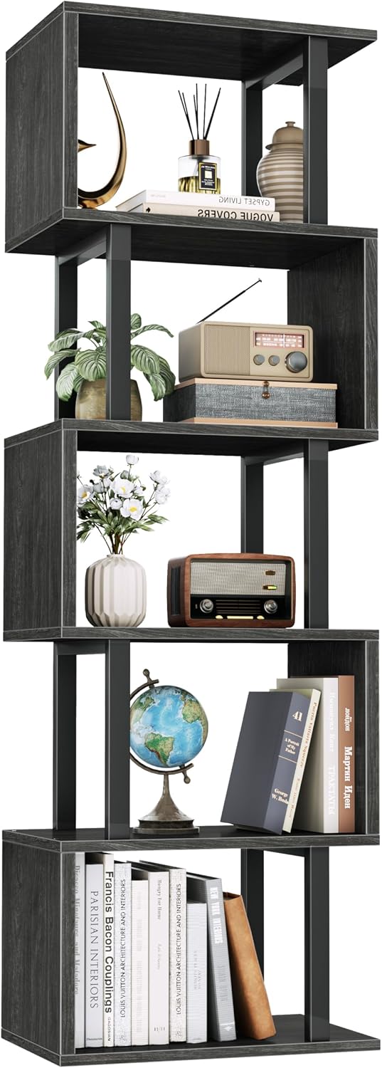Furologee 6 Tier Bookshelf, S Shaped Geometric Bookcase, Black Oak