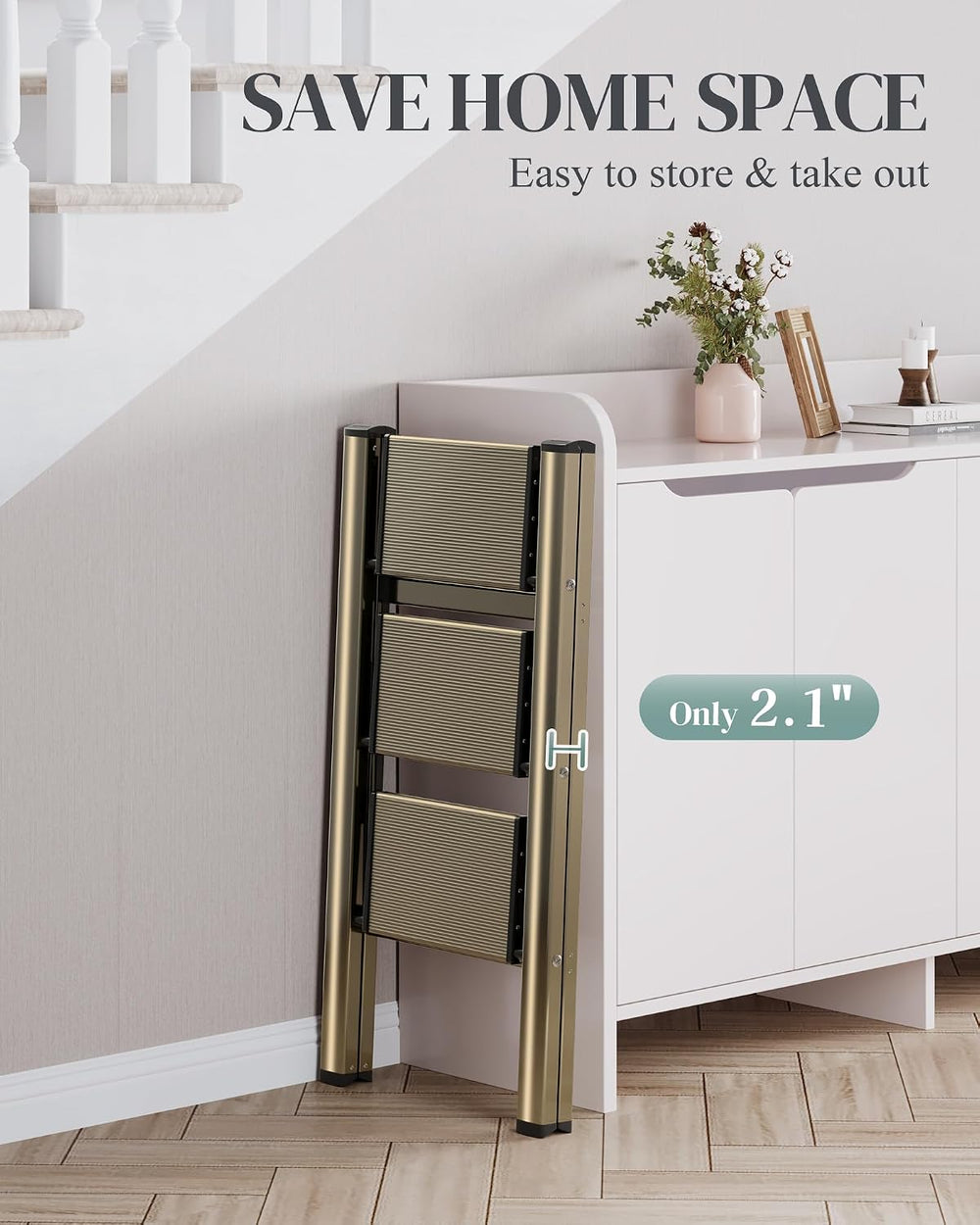 3 Step Ladder, Foldable Aluminum Step Stool with Anti-Slip Pedal