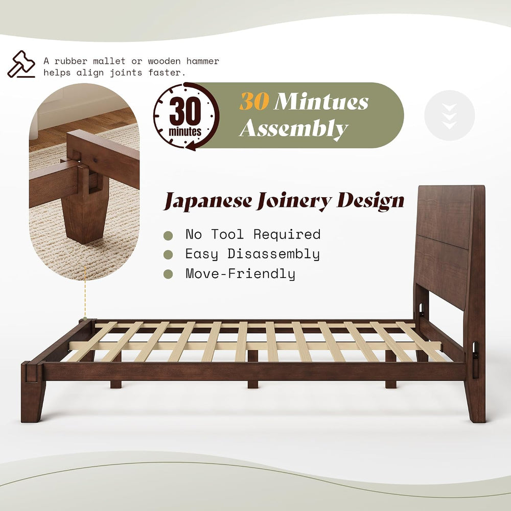 AMERLIFE Solid Wood Queen Bed Frame with Headboard, Japanese Joinery,Walnut