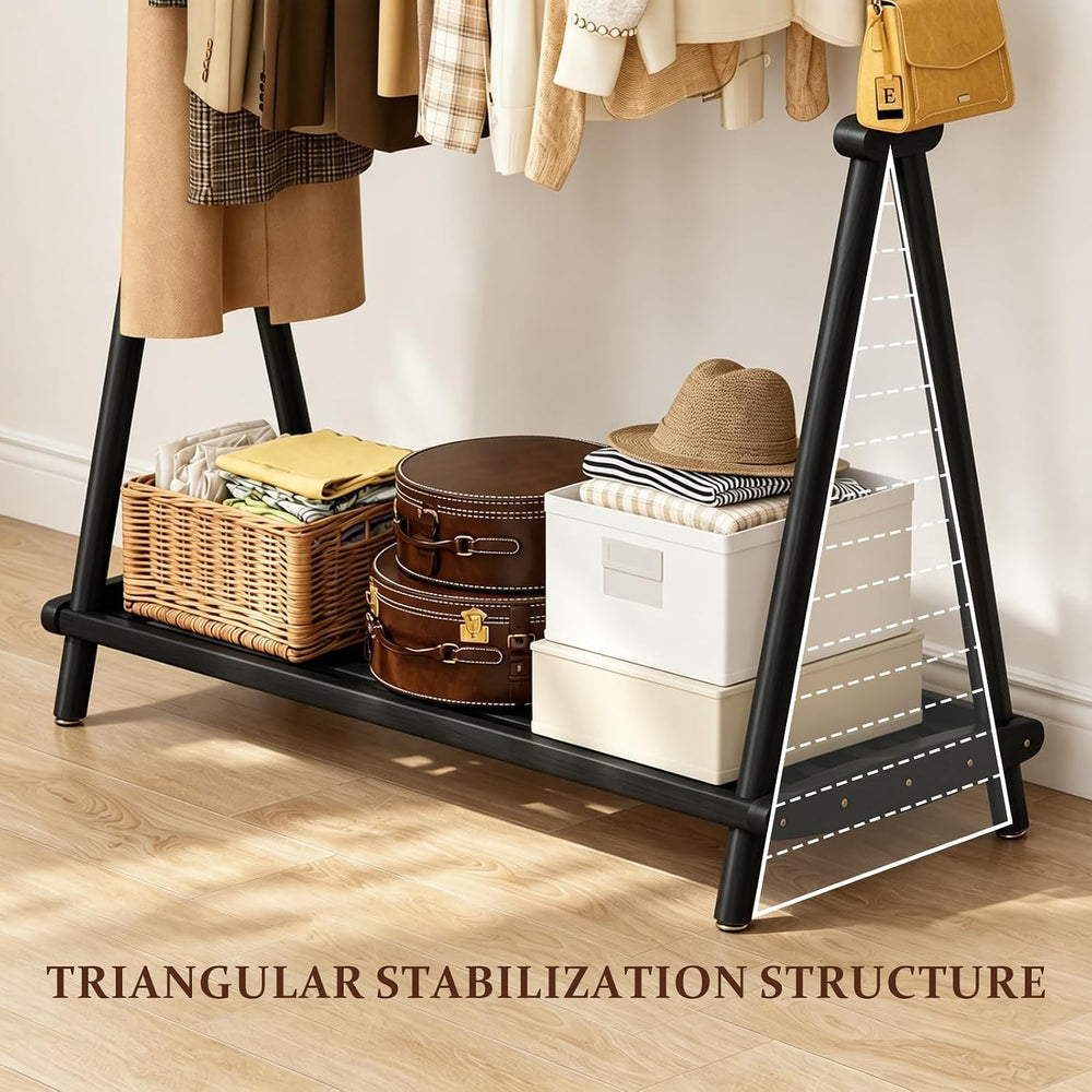 Solid Wood Coat Rack, Freestanding with Double Rods 2 Shelves