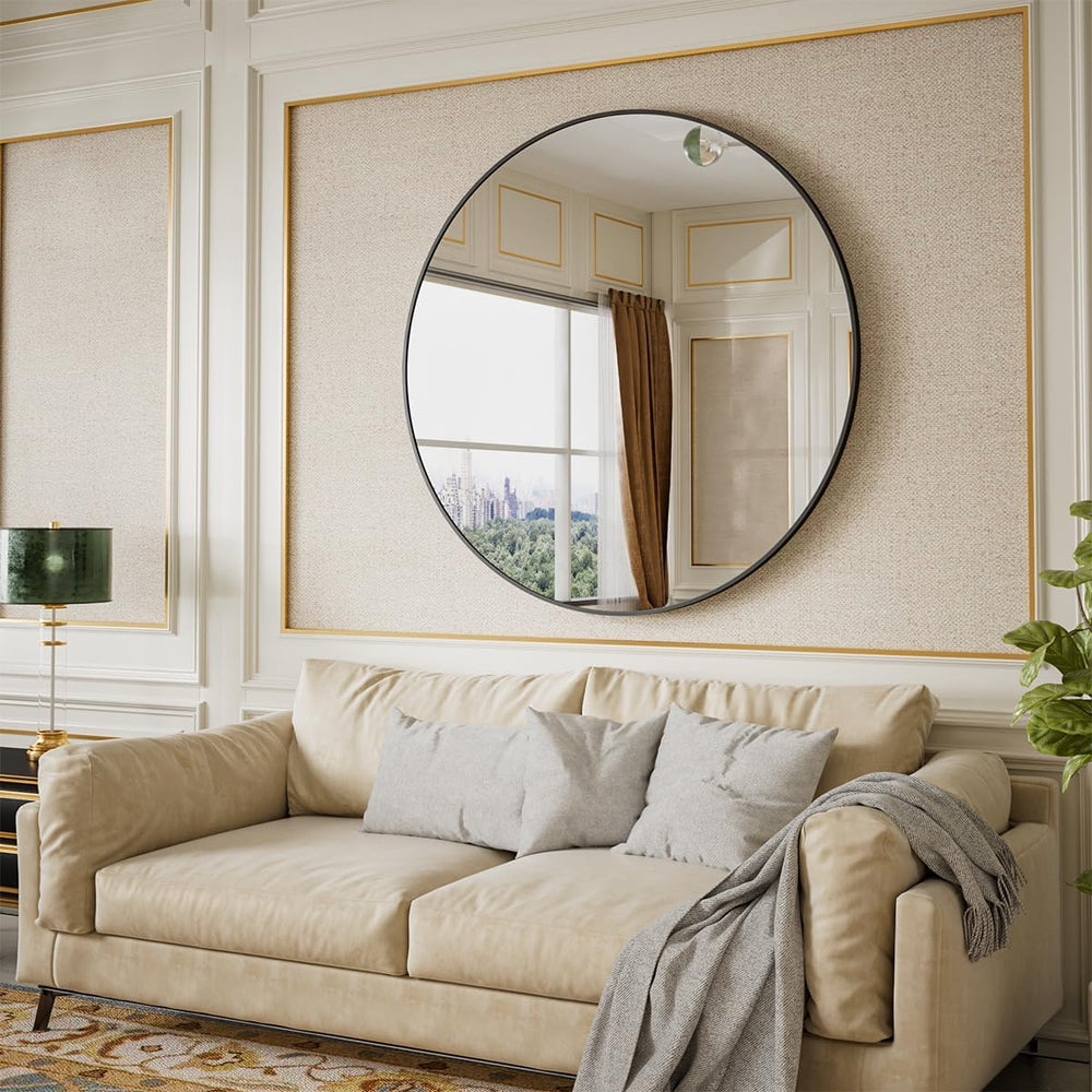 BEAUTYPEAK 42 Inch Round Mirror, Metal Frame Circle Mirror, Black