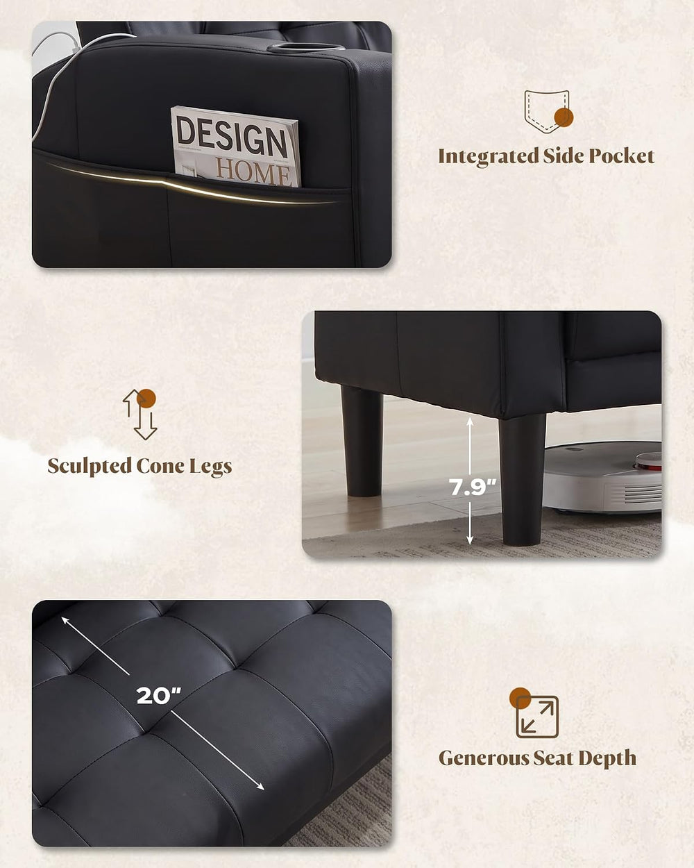 3 Piece Black Faux Leather Mid Century Modern Living Room Sofa Set