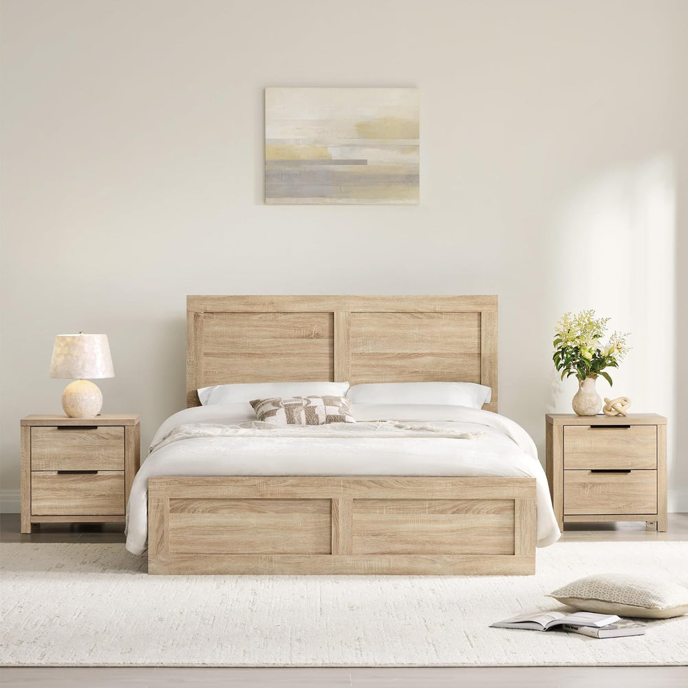 KISLOT 3-Piece Bedroom Set, Bed Frame & 2 Nightstands, Natural, Queen