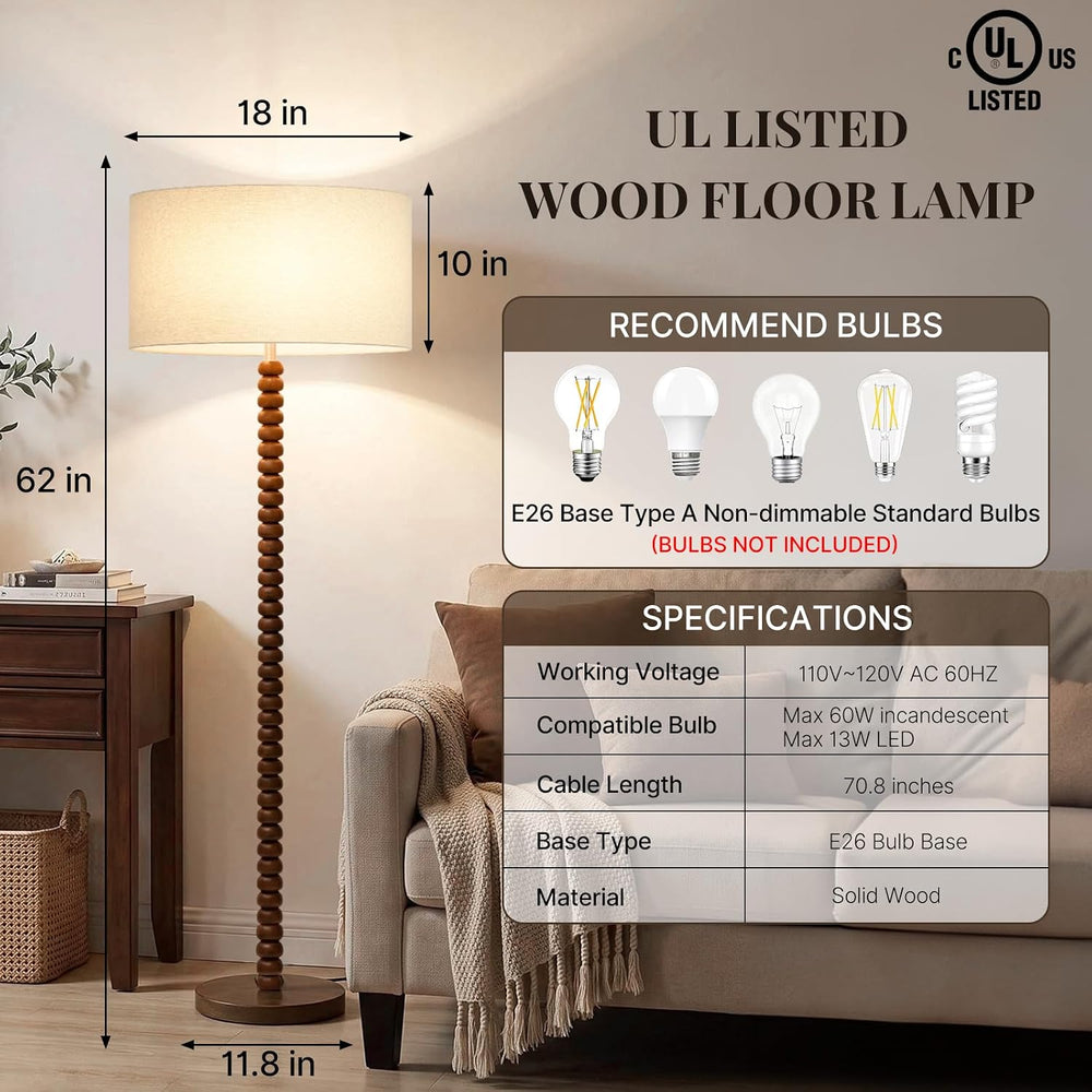 62" Farmhouse Stackable Ball Walnut Wood Floor Lamp with Linen Shade, Cream