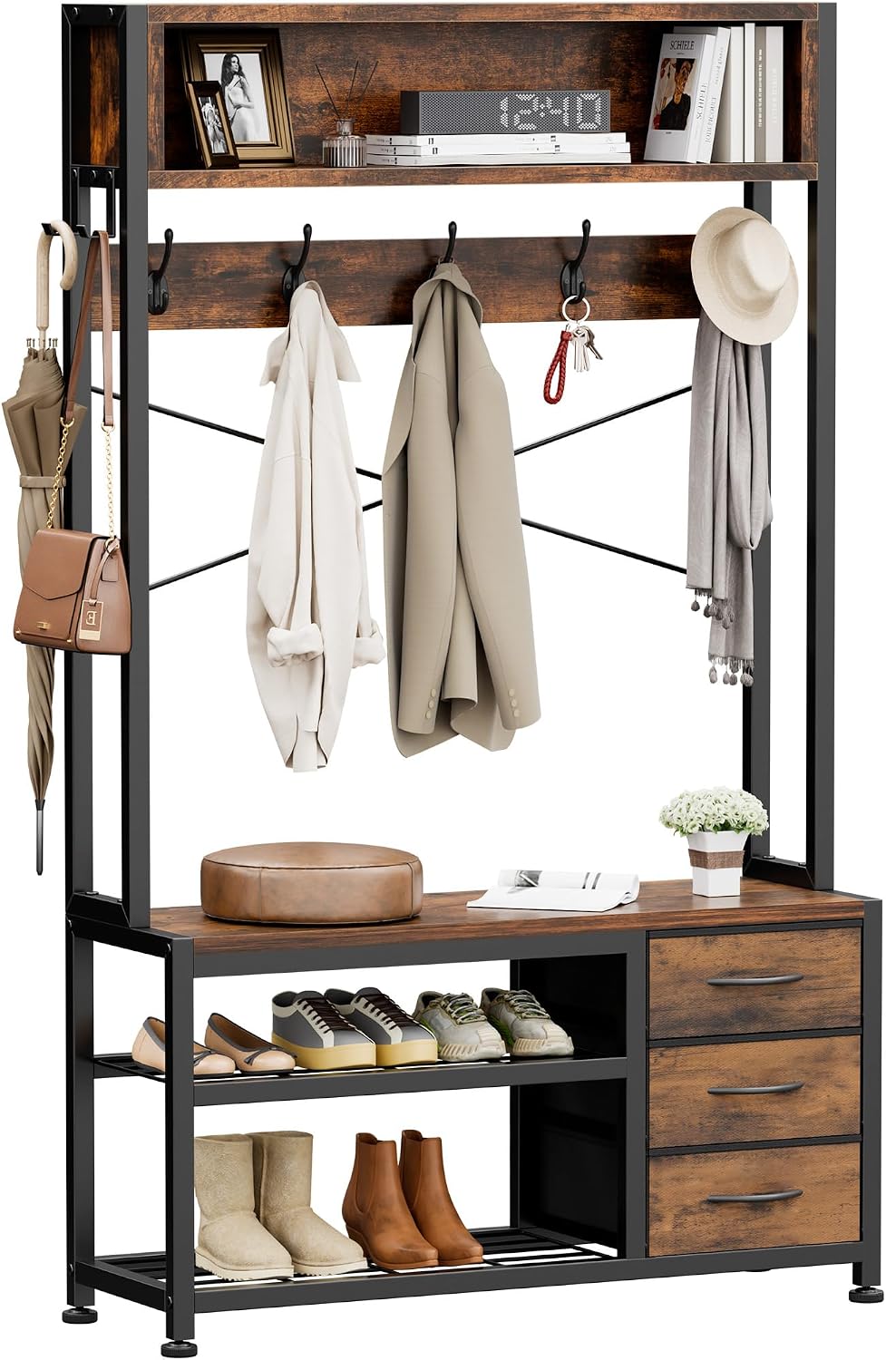 Hall Tree with Bench & 3 Drawers Storage 31.5" Coat Rack Entryway Or...