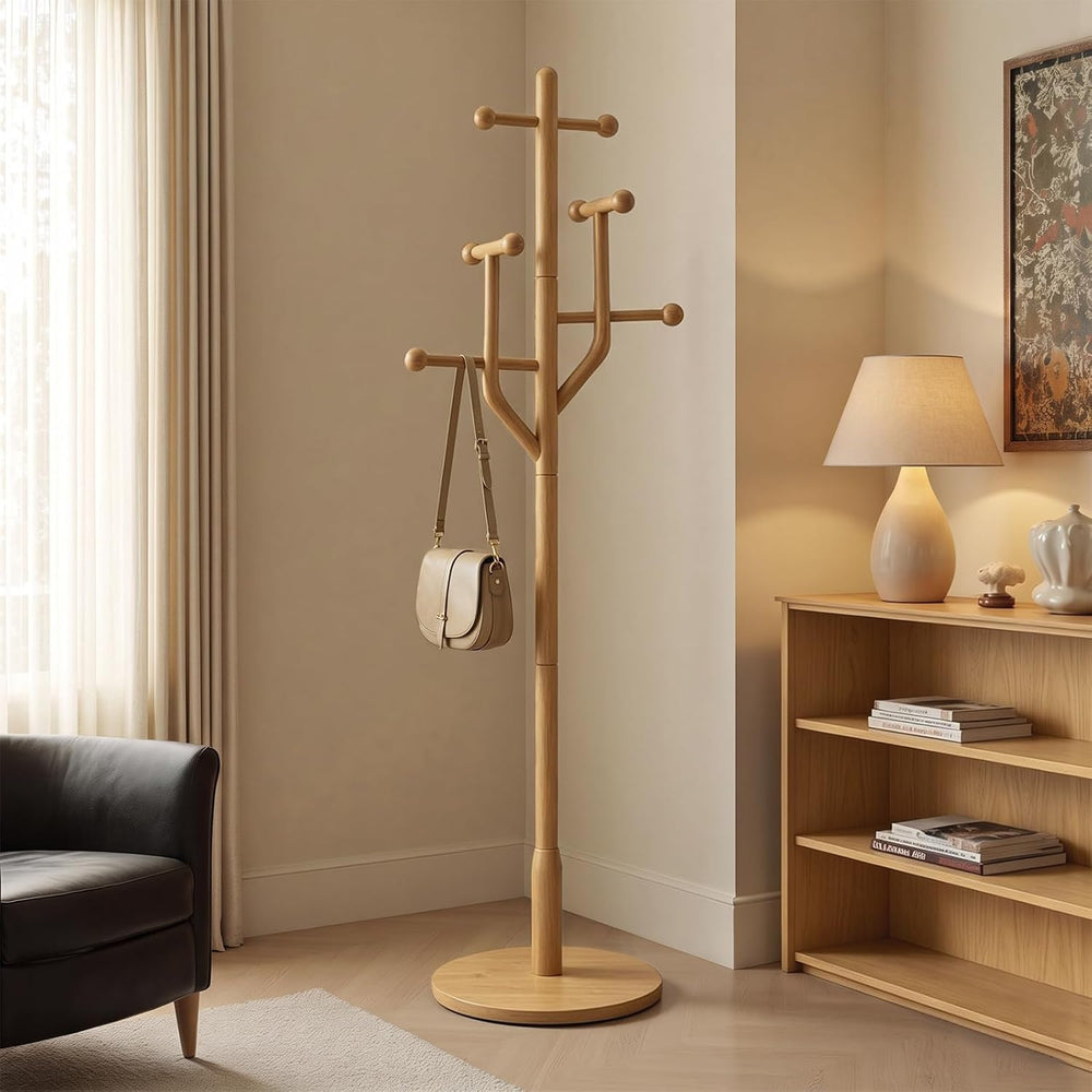 Solid Wood Coat Rack Freestanding Coat Tree Rack with 8 Hooks, Creative Styli...