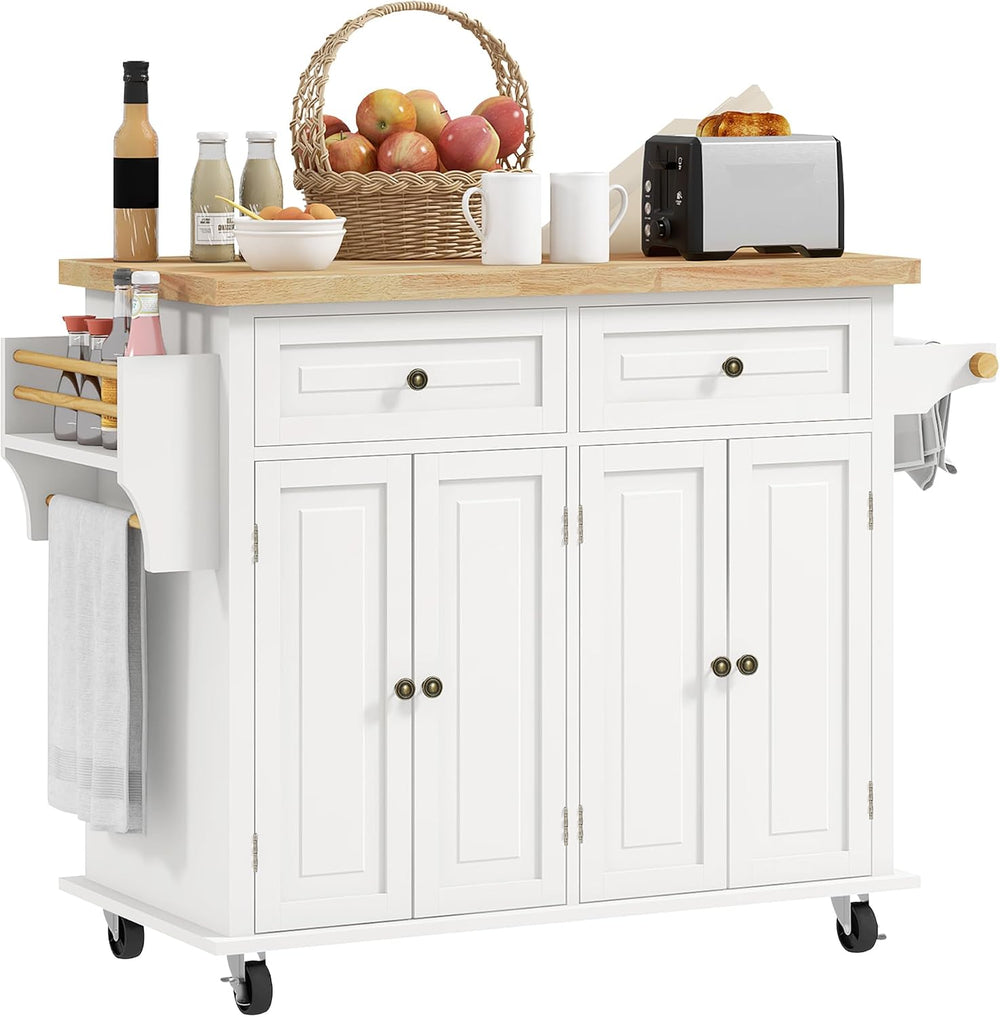 HOMCOM Kitchen Island Cart on Wheels with Solid Wood Top, 44" Cream White