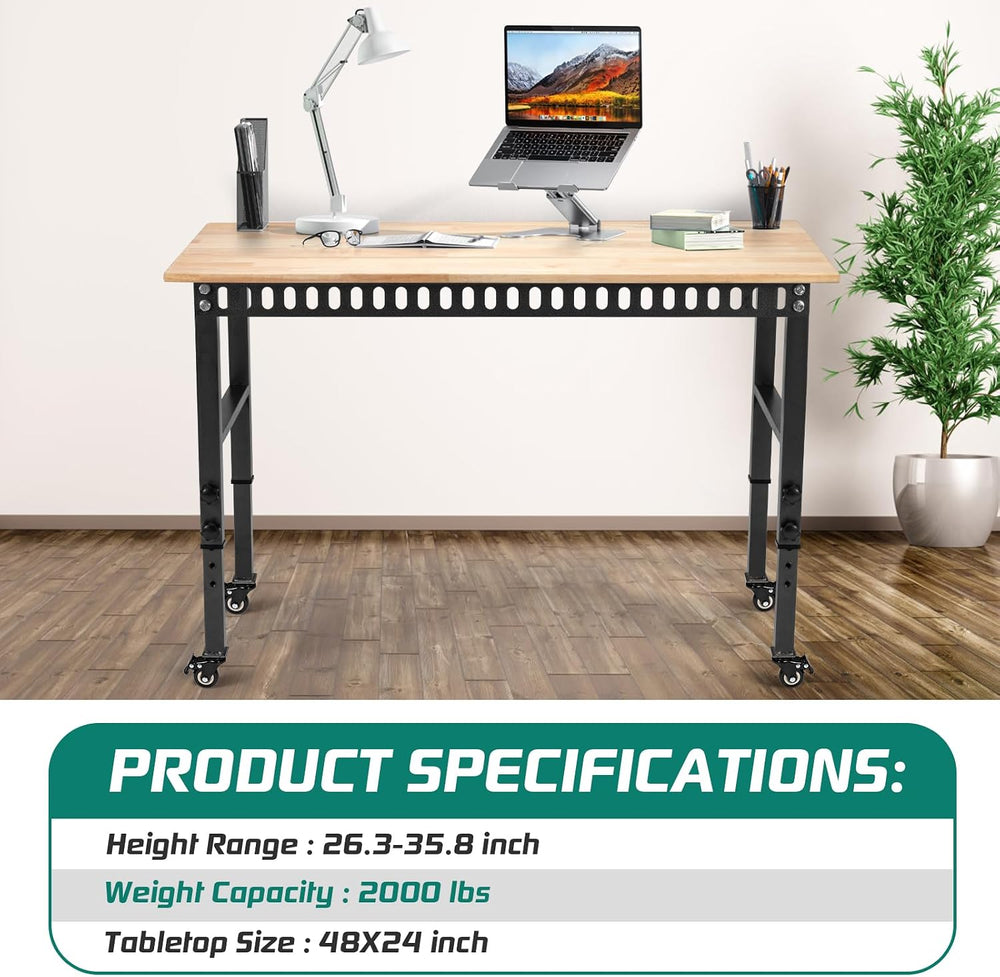 OLBRUS 48” Adjustable Workbench with Metal Wheels, 2000LBS Load Capacity