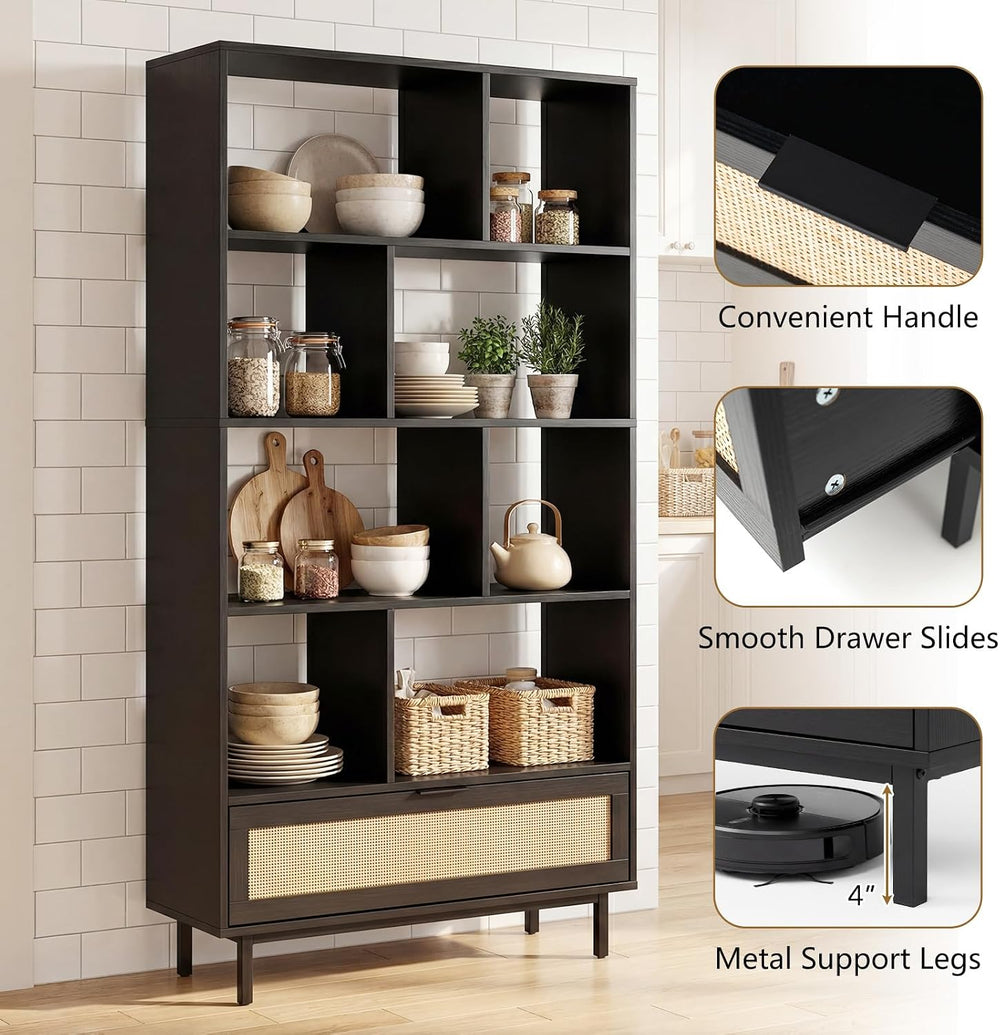 GIANTEX 64" Tall Bookshelf with Rattan Drawer, 6-Tier Wood Bookcase with...