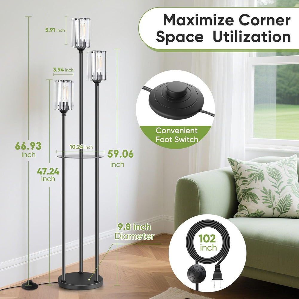 Crystal Standing Floor Lamp with Shelves for Living Room 67" Tall Black