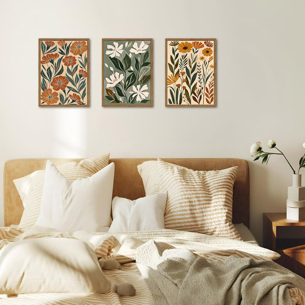 Framed Boho Floral 3 Piece Wall Art,Mid Century Modern Abstract Flower Pictur...