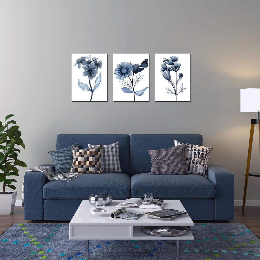 sechars Navy Blue Bathroom Wall Decor Blue Flower with Butterfly Picture Pain...