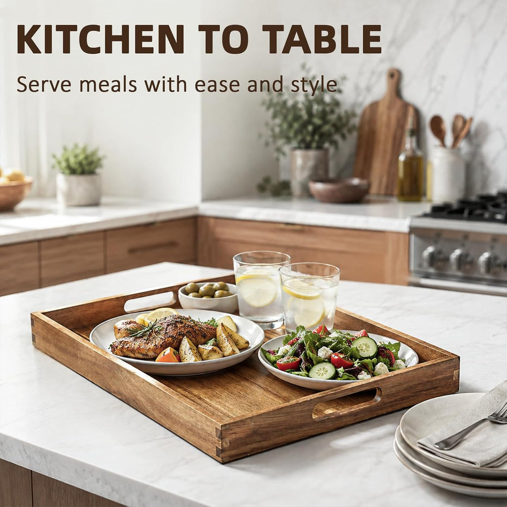 Solidith Acacia Wood Serving Tray with Handles Set of 2 for Serving Food