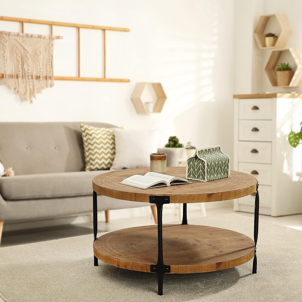 Awescuti Round Boho Wood Coffee Table - 29.1" Farmhouse Natural Circle W...