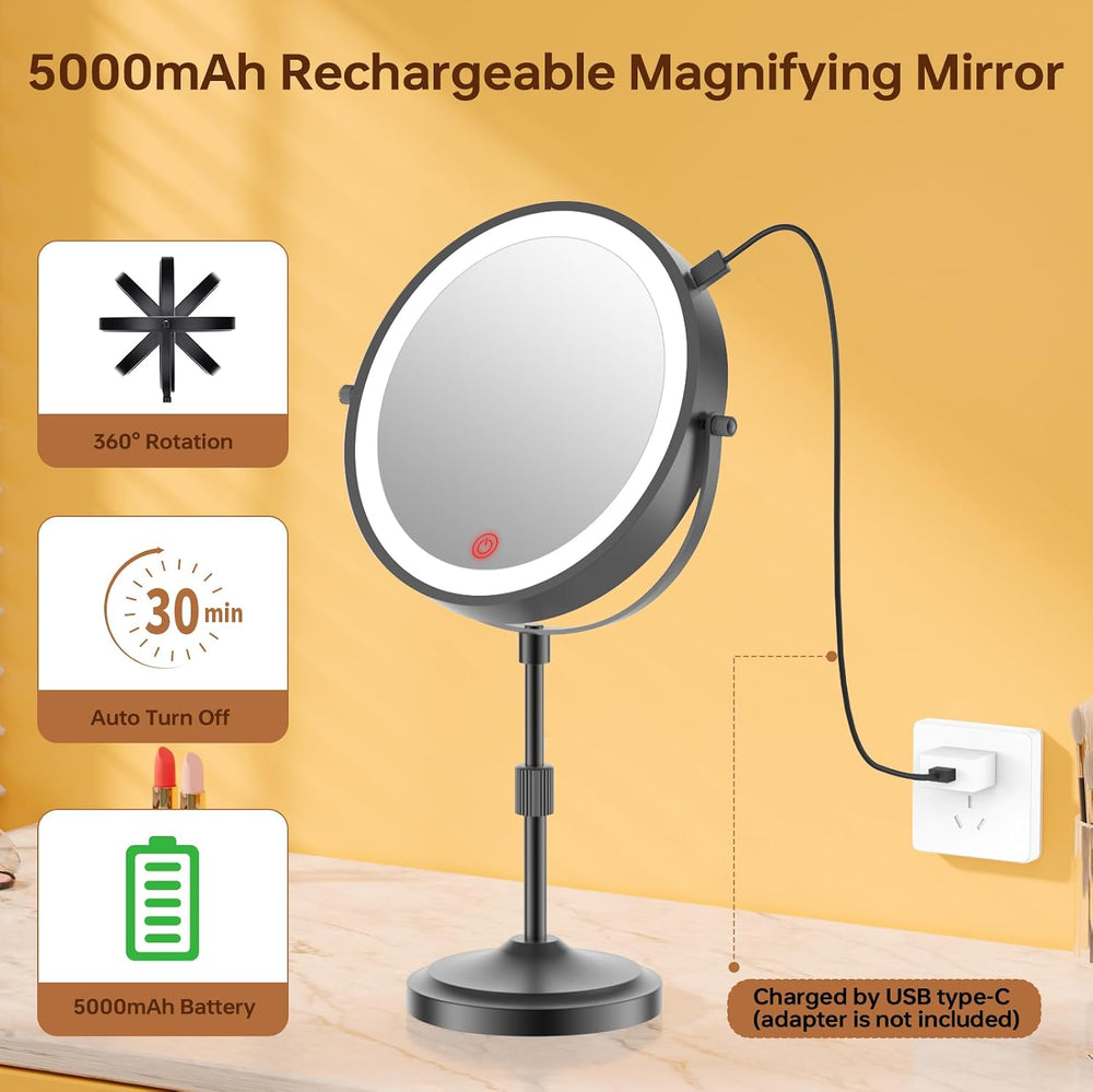 9" Tall Lighted Makeup Mirror with Lights and 1X 20x Magnification, Black