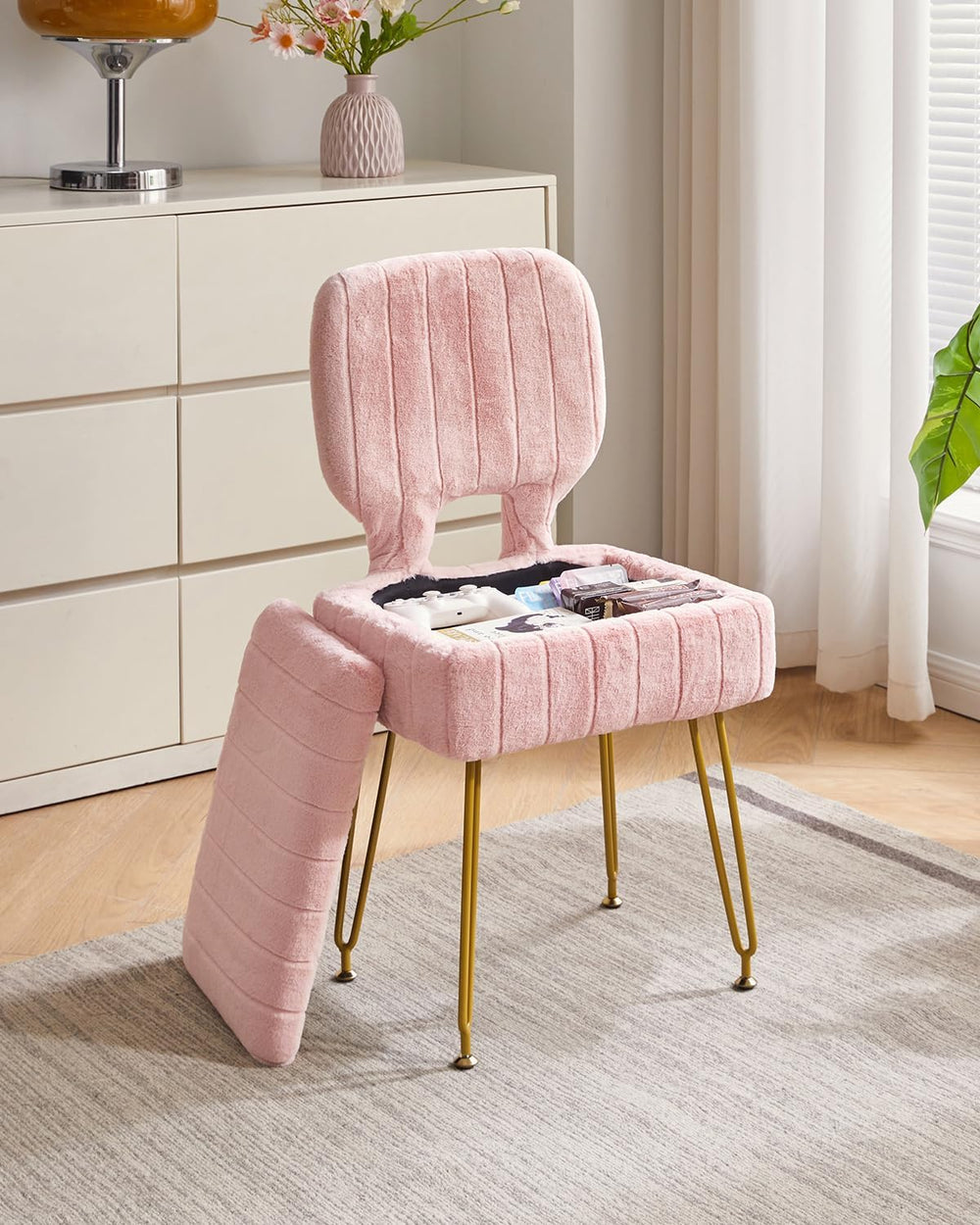 IBUYKE Vanity Stool with Storage, Folding Back Makeup Chair, Pink WBD030P