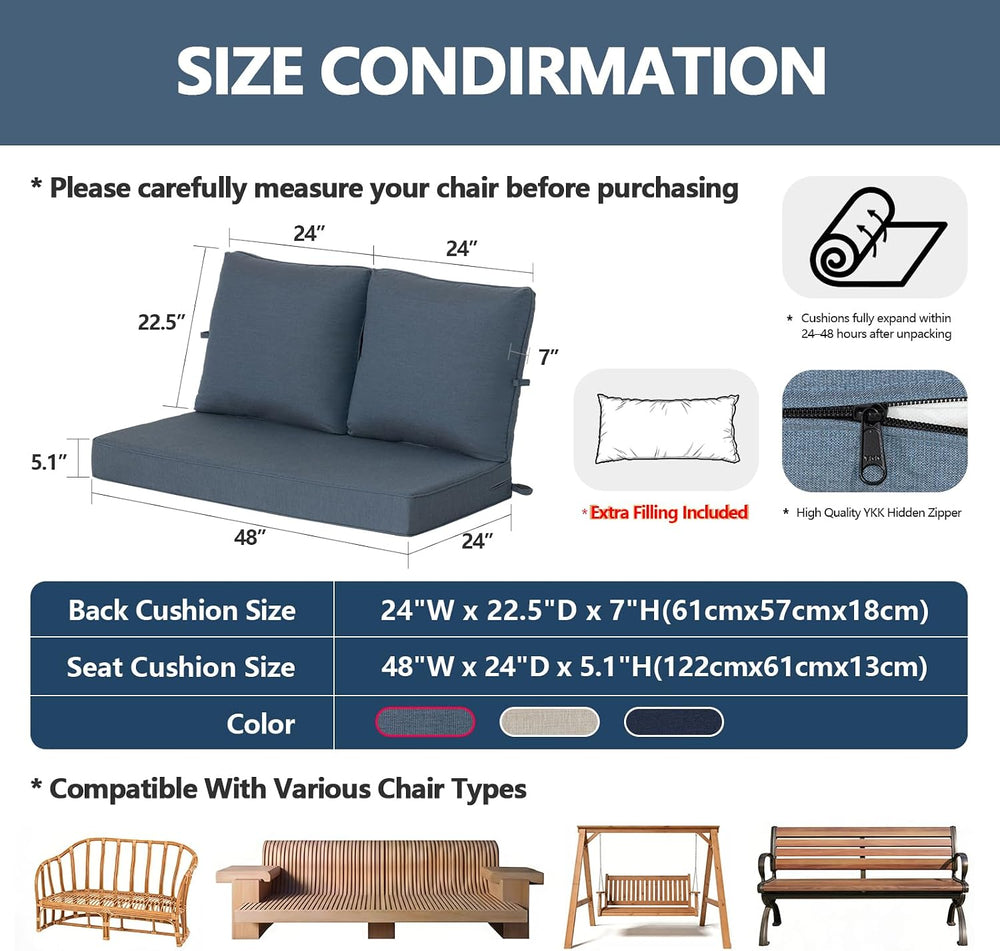 Goodgoods 48x24 Sunbrella Loveseat Cushion Set, 30D Foam, Denim