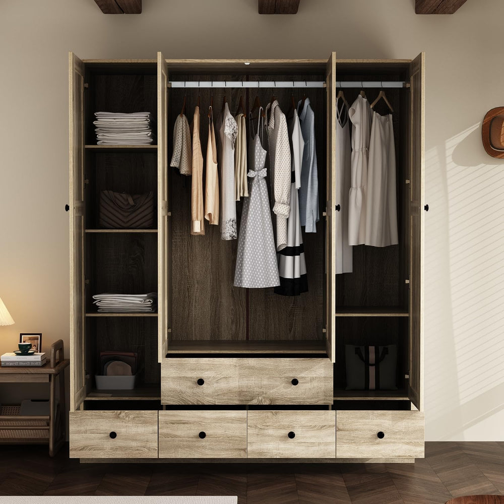 WOODTIME Rattan Armoire Wardrobe Closet with 7 Shelves, 5 Drawers & Hangi...