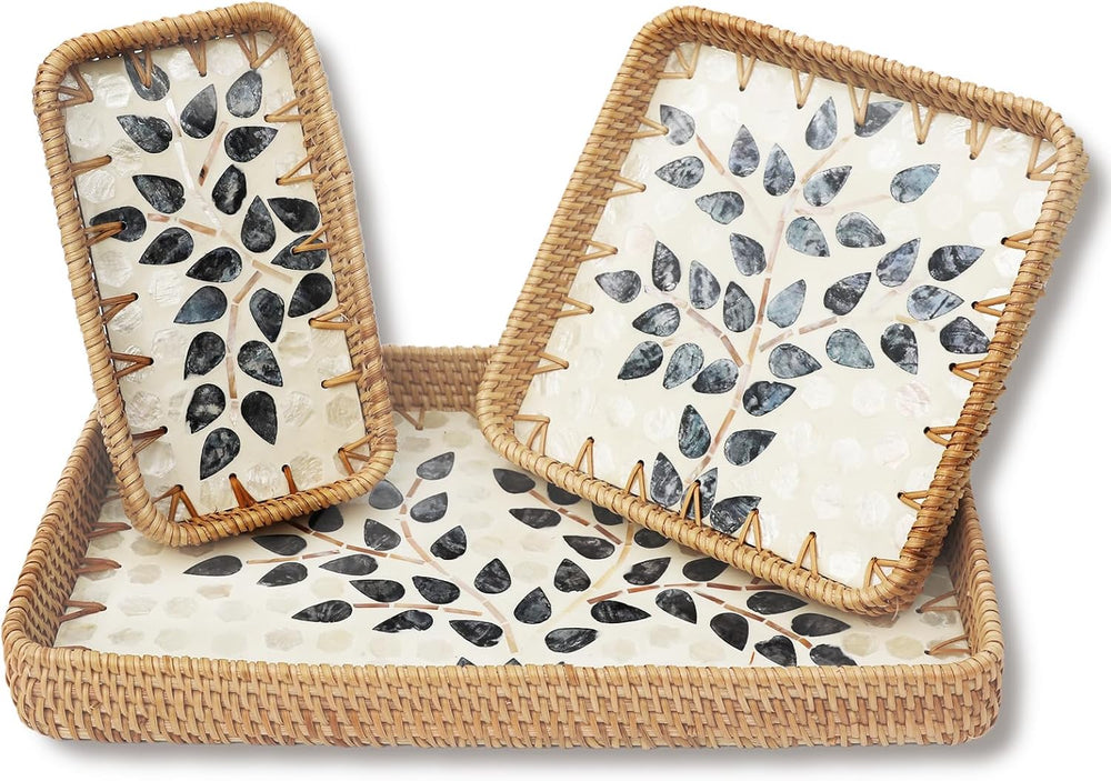 Rattan Serving Tray with Mother of Pearl Inlay,Set of 3 Wicker Serving Tray B...