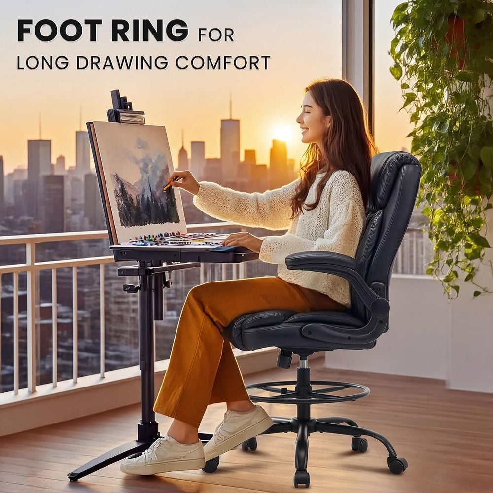 Leather Drafting Chair for Standing Desk, Tall Office Chair with Foot Ring