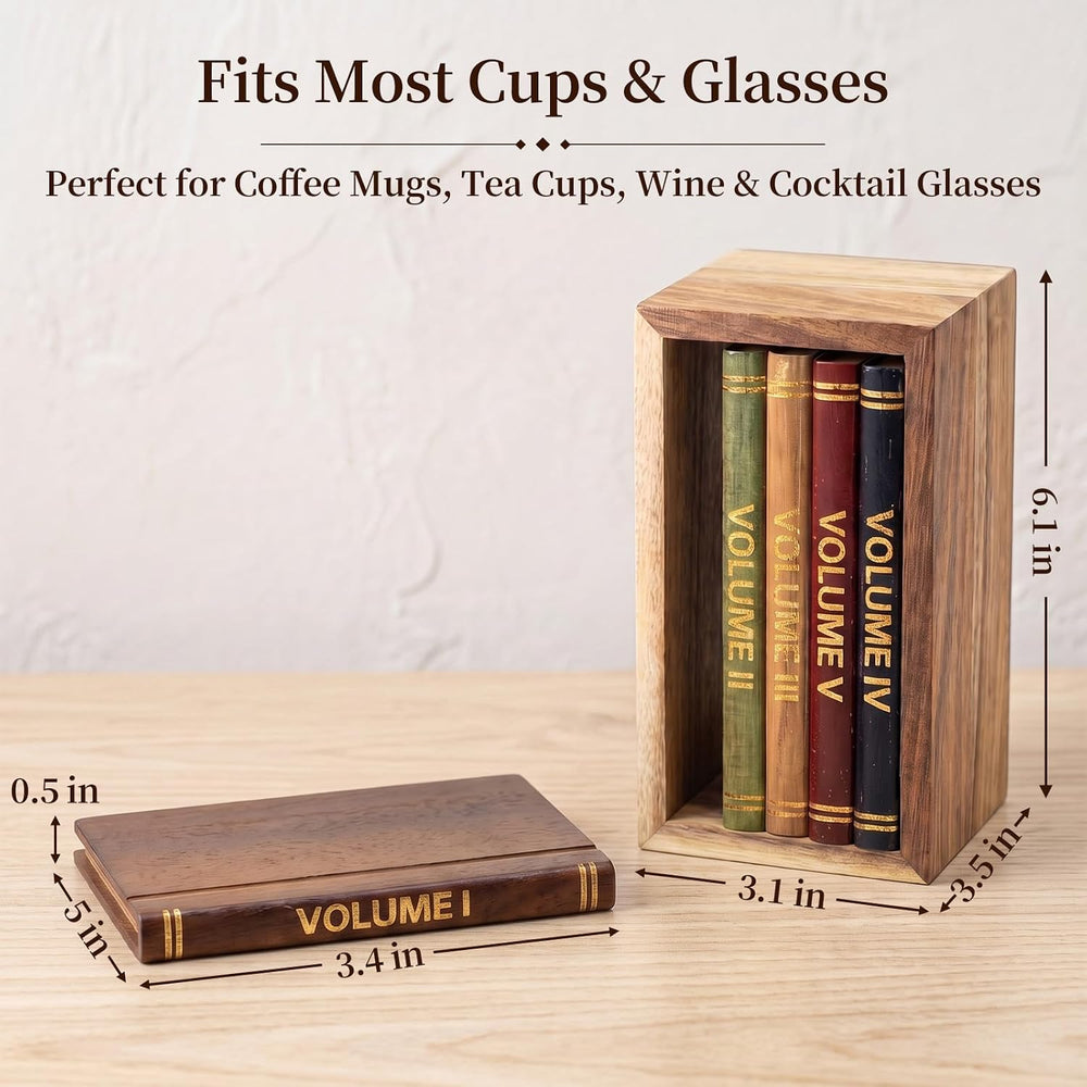 5 Pack Acacia Wood Drink Coasters with Holder for Coffee Table Decor