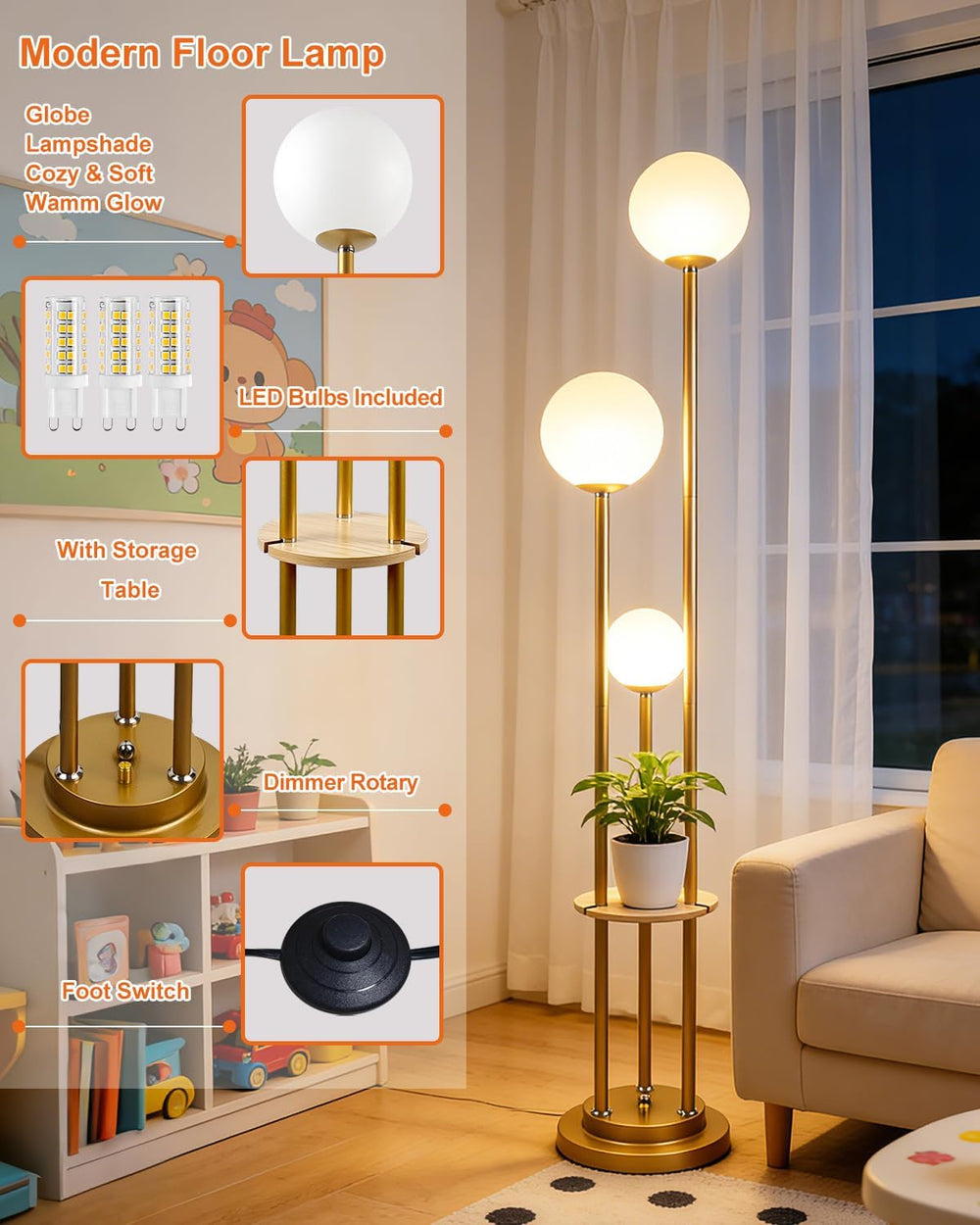 Lightdot Gold Floor Lamp 3-Lights Dimmable Floor Lamps with Tray 3000K Bulbs ...