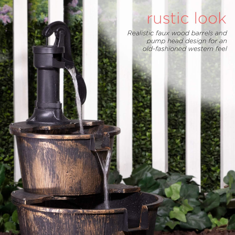 Alpine Corporation 27" Tall Rustic Outdoor 2-Tier Barrel Pump Water Foun...
