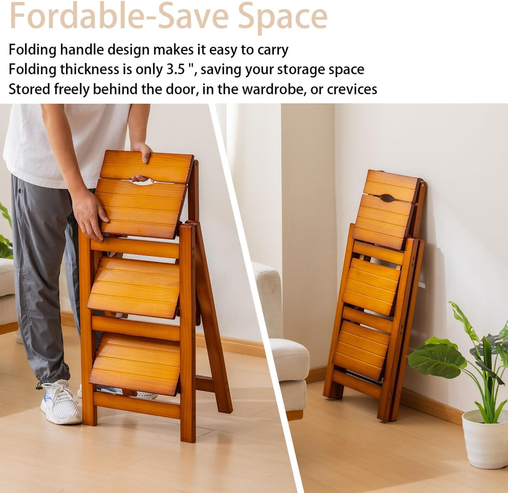Latifolia Foldable 3 Step Ladder, Wooden Step Stool with Floor Saver, Decorat...