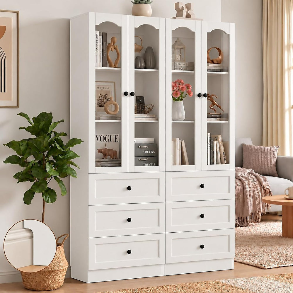 Cyclysio 2 Pack 80" Tall Bookcase with 3 Drawers & Glass Doors, White