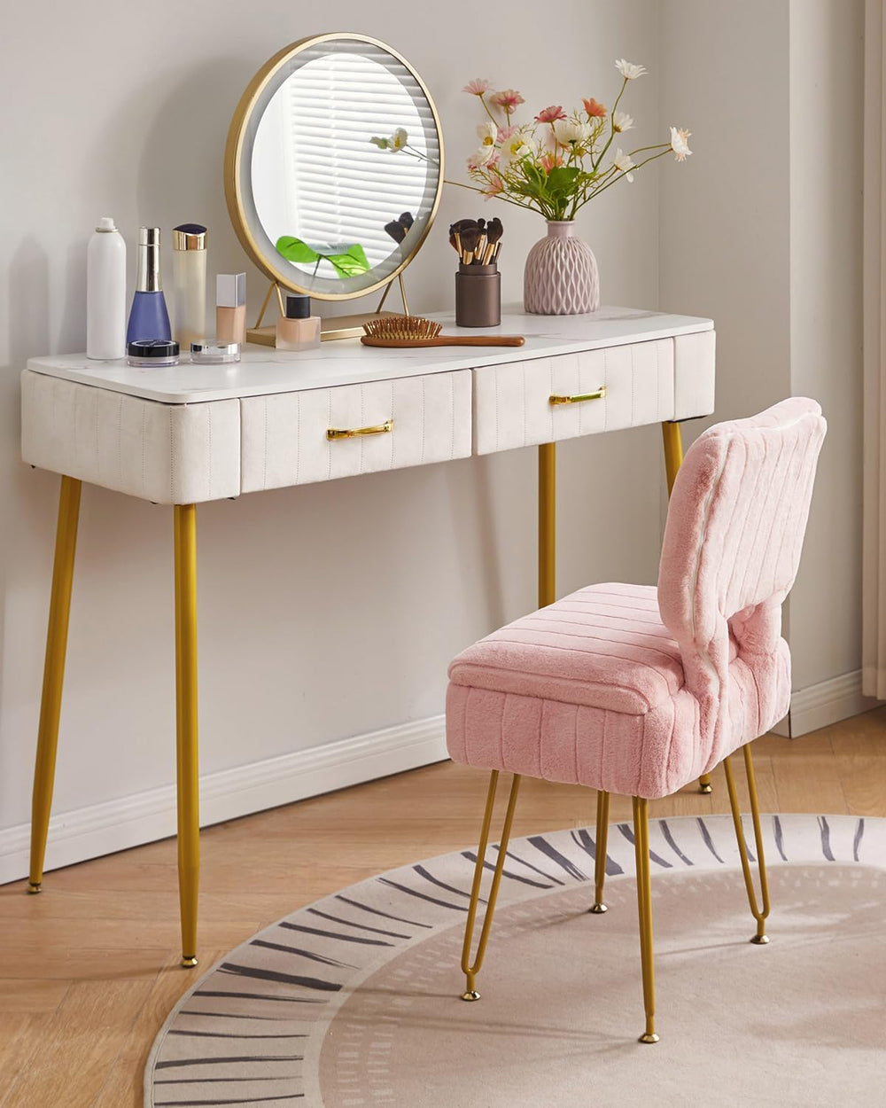 IBUYKE Vanity Stool with Storage, Folding Back Makeup Chair, Pink WBD030P