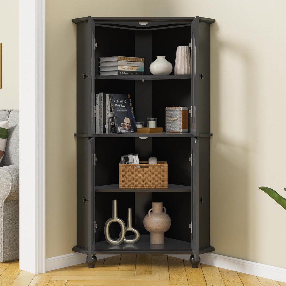 53'' Corner Cabinet with Glass Doors, Black Corner Shelf for Living Room