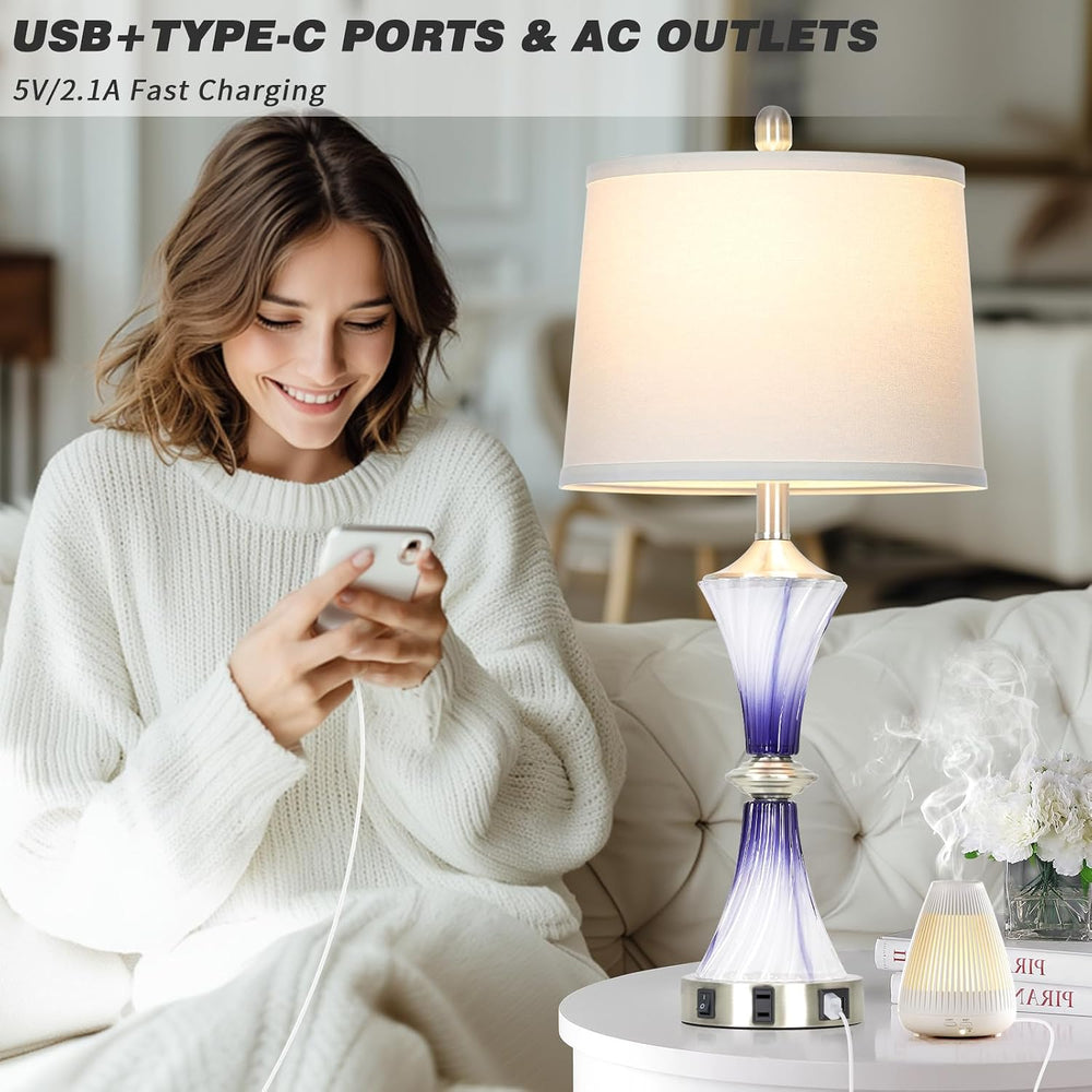 Rinweey Purple Glass Table Lamp Set of 2 with USB C+A Ports & AC Outlet, ...