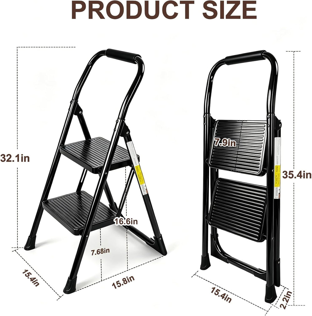 Valeo 2 Step Ladder, Folding Step Stool for Adults, Black