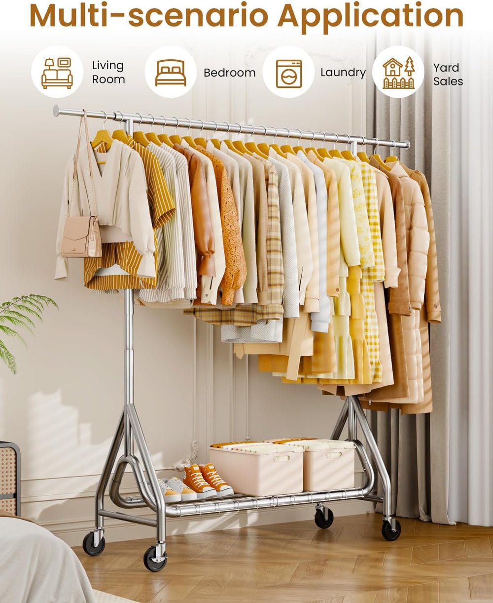 Heavy Duty Clothes Rack for Hanging Clothes with Wheels, Silver