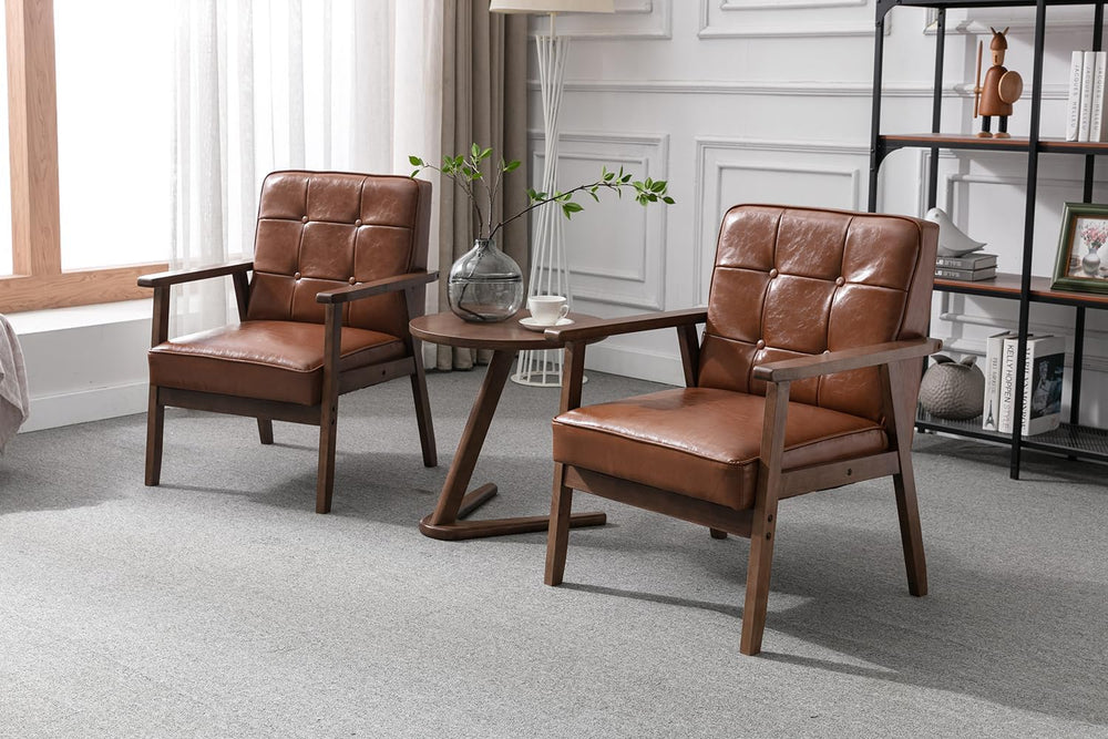 Okeysen Mid Century Modern Accent Chair, Retro Wood Leather Armchairs Side Ch...