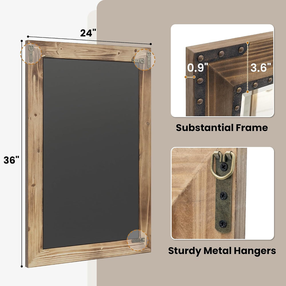Rustic Brown 24x36 Inch Wood Bathroom Vanity Mirror, Rivets