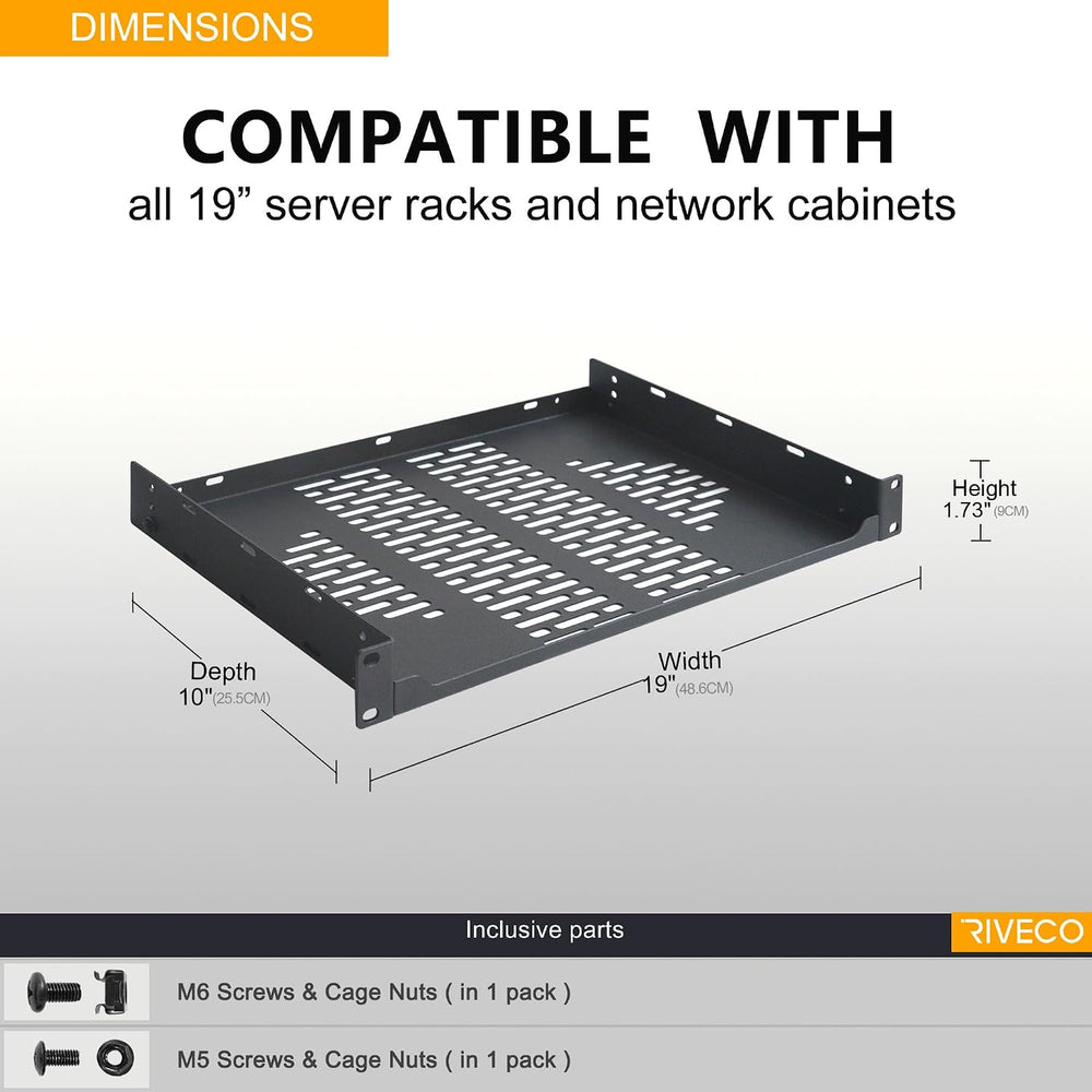 RIVECO 2-Pack 10" 1U Vented Rack Shelf for 19" Server IT Sound Cabi...