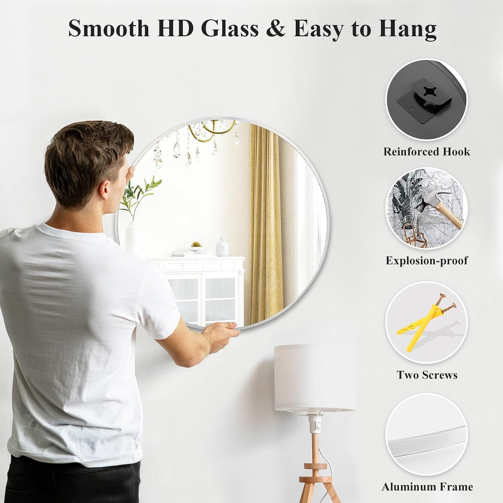 Silver Round Mirror 26 Inch, Wall Circle Mirror for Bathroom, Brush Chrome
