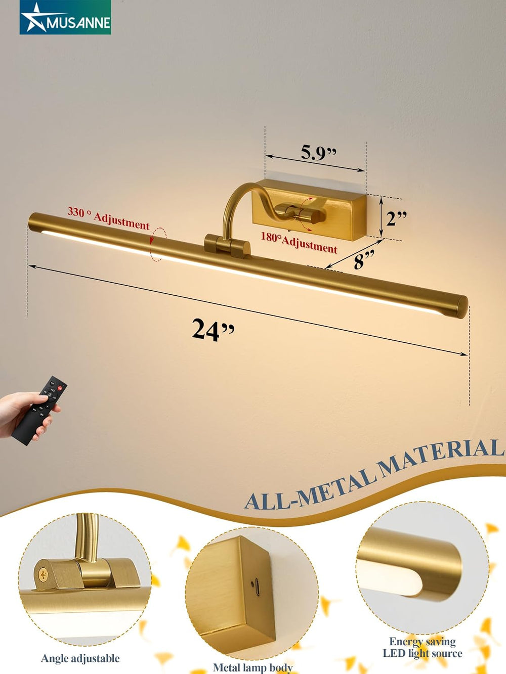 Wireless Rechargeable Picture Light for Wall, 24 Inch Battery Operated Art Li...