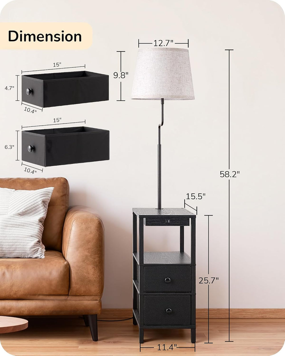 EDISHINE Floor Lamp with Table, Dimmable USB-A+Type-C Ports, Remote, Black