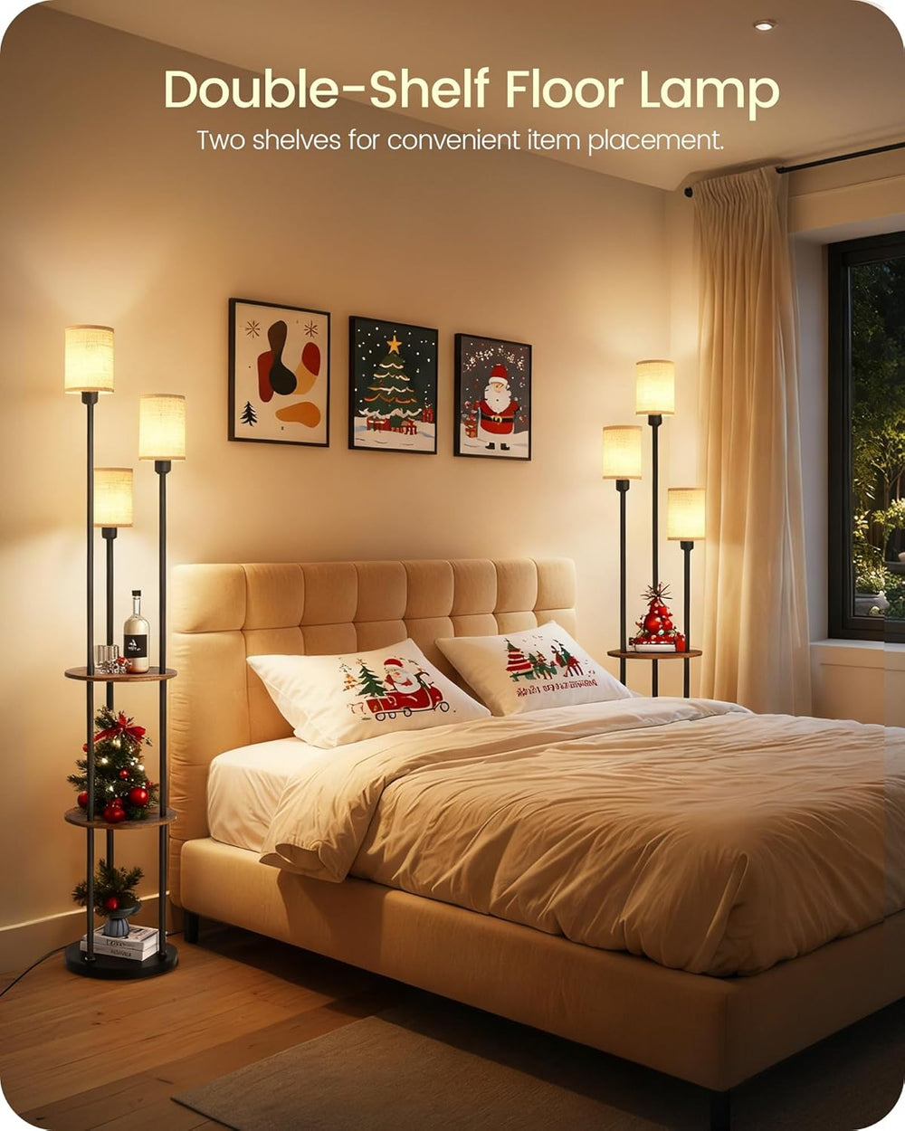 70.9" Floor Lamp with Shelves, Modern Floor Lamp with 3 Linen Shades and...