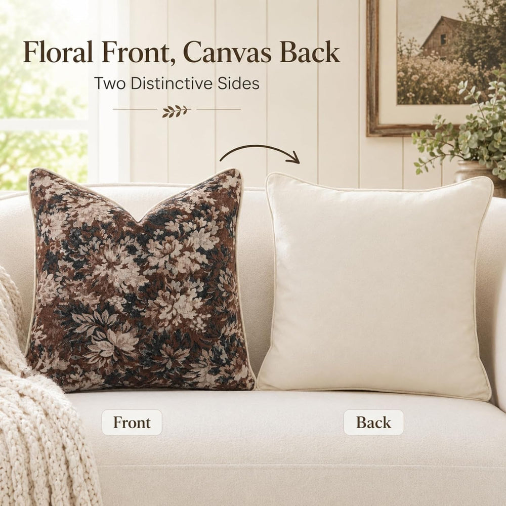 CROWNED BEAUTY Farmhouse Floral Throw Pillow Covers, 24x24, Brown, Set of 2