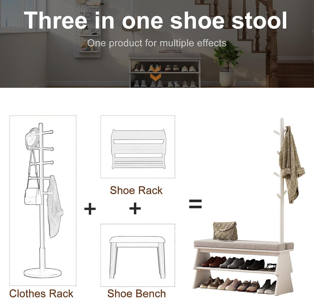 Coat Rack with Shoe Storage, Shoe Rack with 8 Hook, White