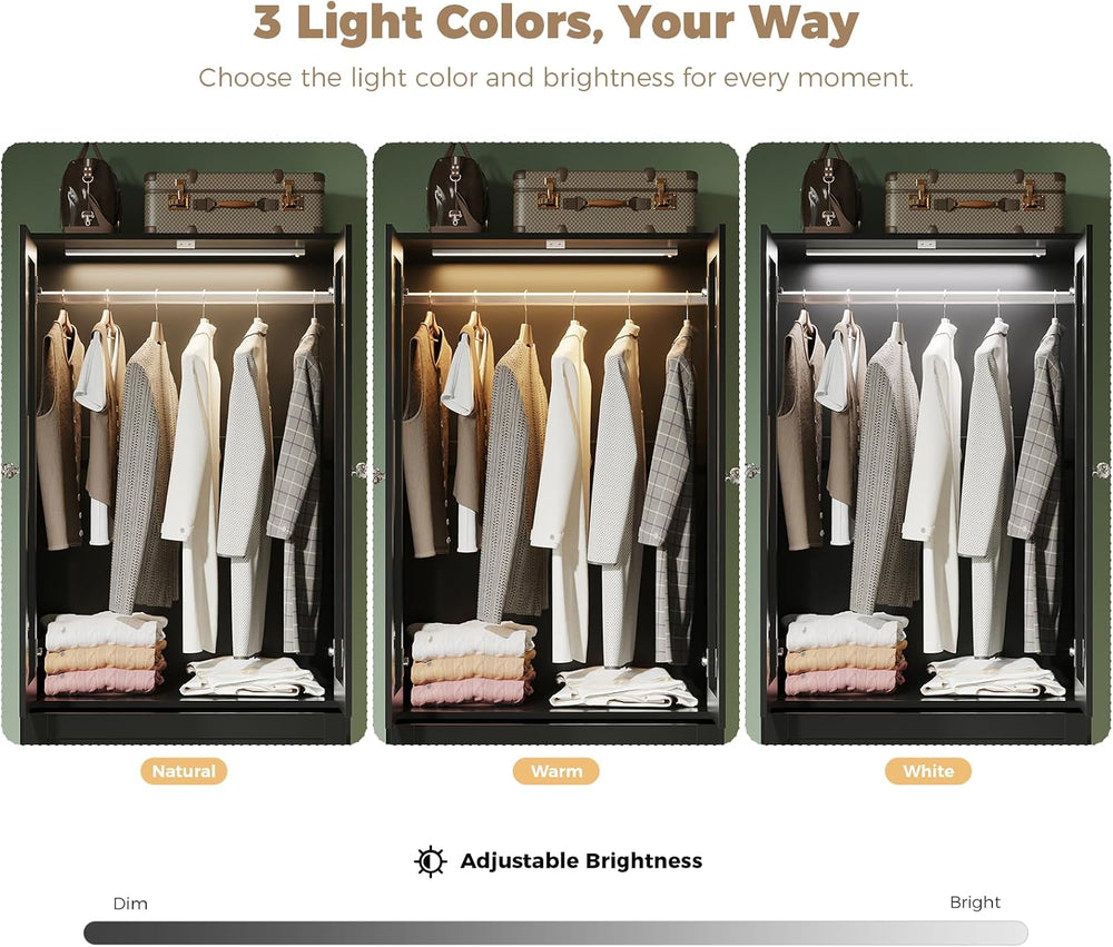 VOWNER 71" H Armoire Wardrobe Closet with Motion Sensor LED Light (Black)