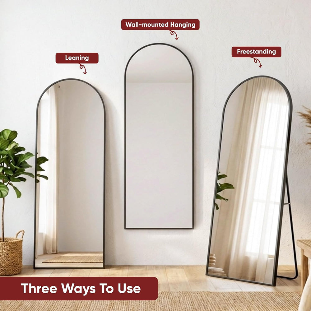 Antok 58" x 20" Arched Full Length Floor Mirror, Aluminum Frame, Black