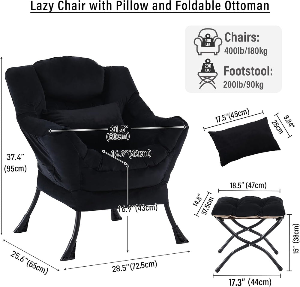 Lazy Chair with Ottoman, Comfy Chair with Pillow,Pure Black