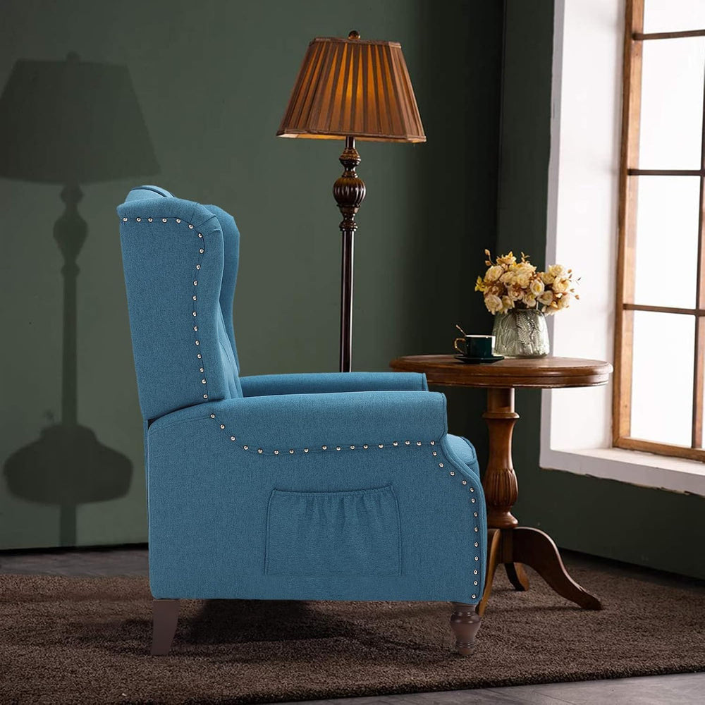 Wingback Chair, Push Back Recliner Armchair, Blue, Single