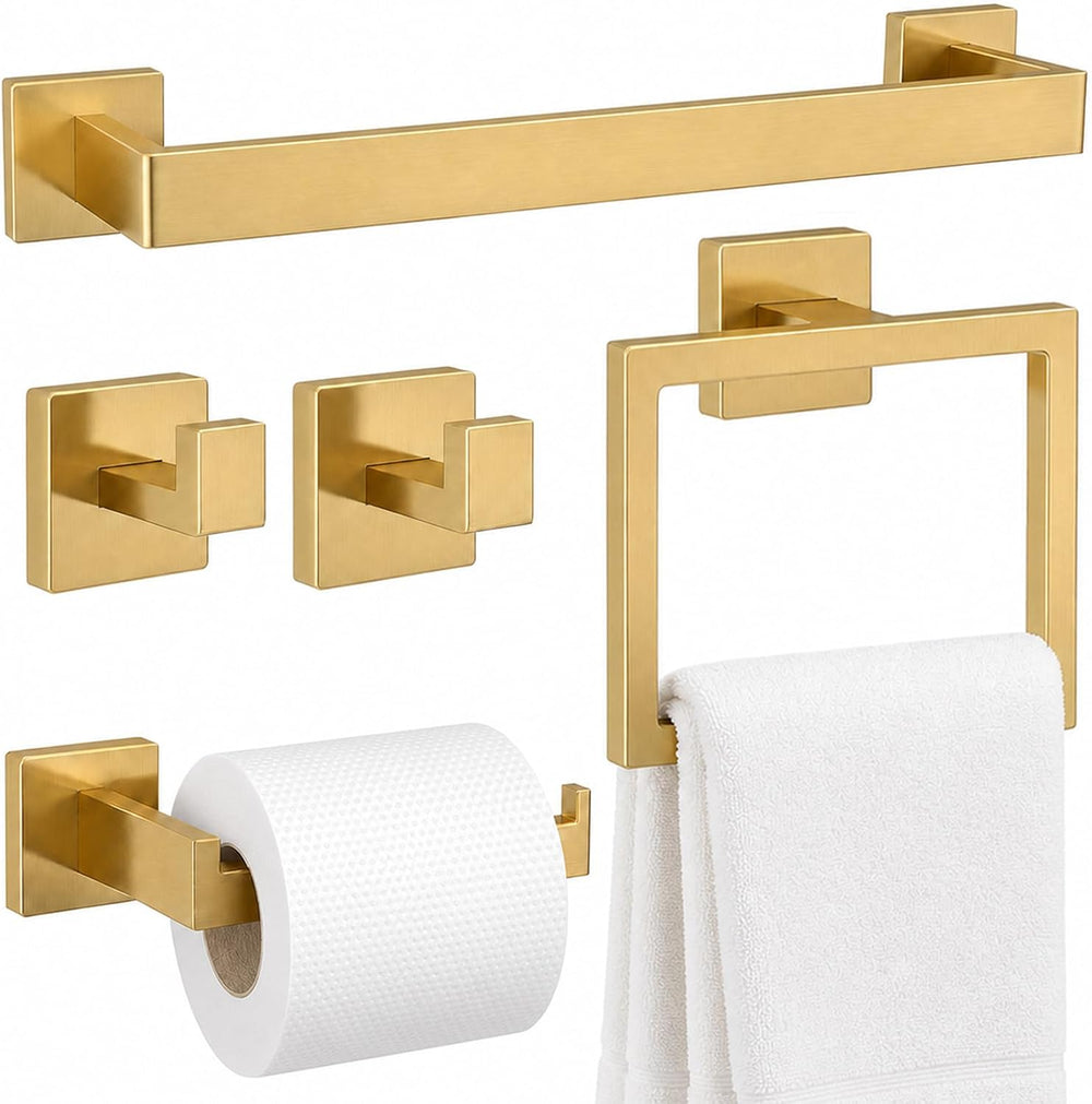 5-Piece Brushed Gold Bathroom Accessorys Stainless Steel Towel Bar Set